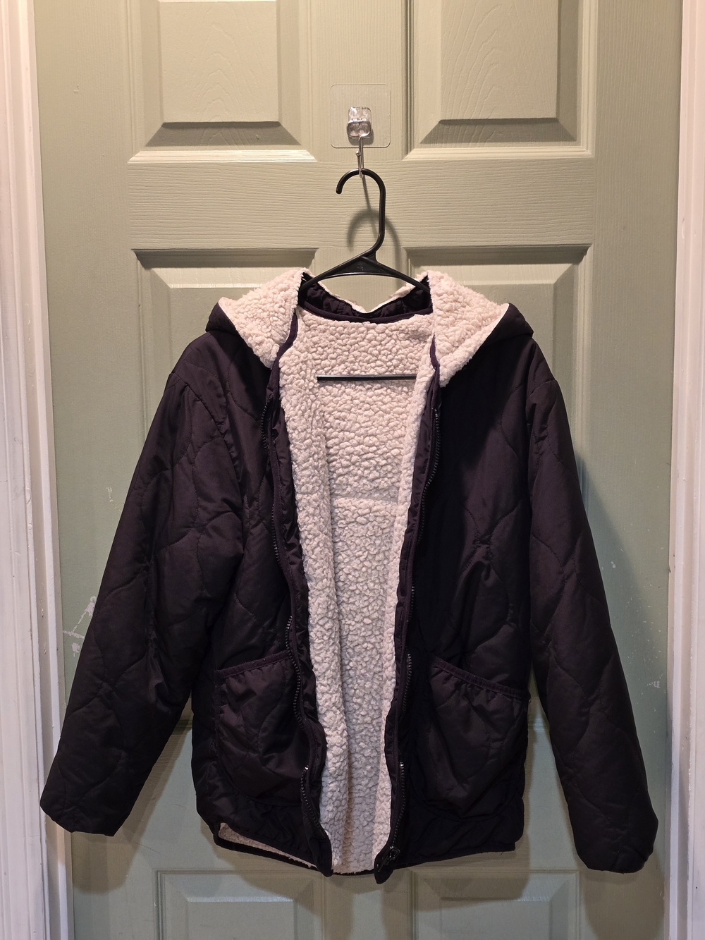 Quilted Hooded Jacket with Sherpa Lining - Black